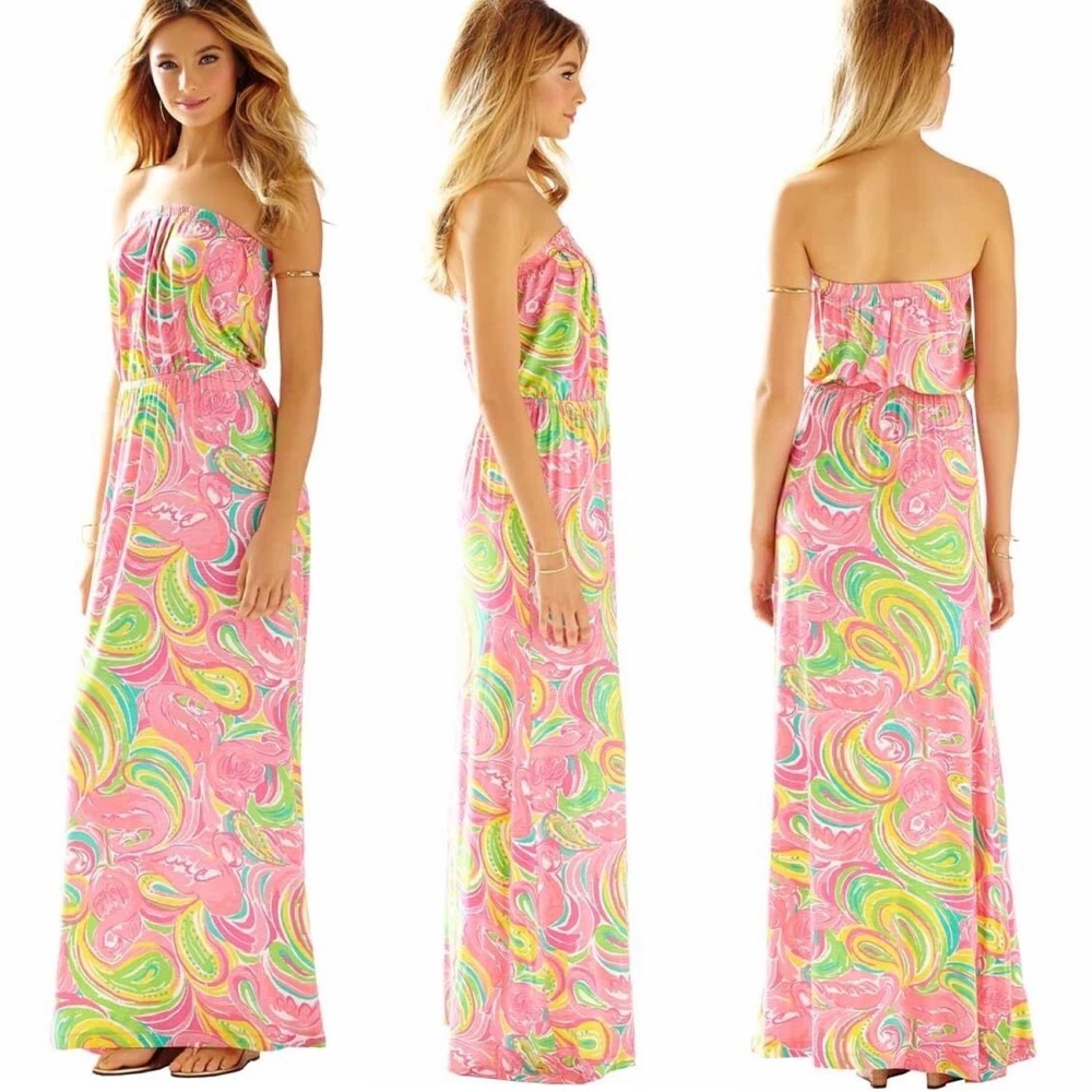 Lilly Pulitzer Marlisa Strapless Maxi Dress Pink Flamingo All Nighter Small - Picture 2 of 11